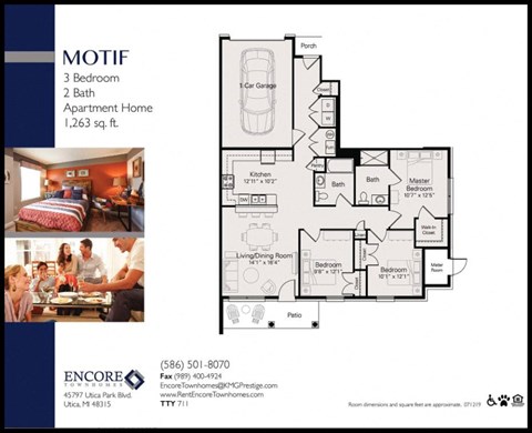 Floor plan for 3 beds, 2 baths, 1263 sqft